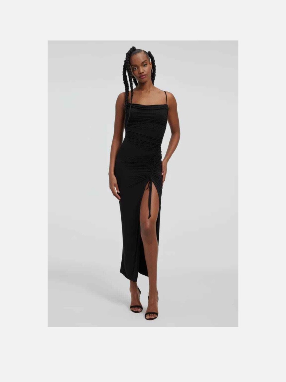 Good American Black Ruched Maxi Dress with High Thigh adjustable tie Slit NWOT